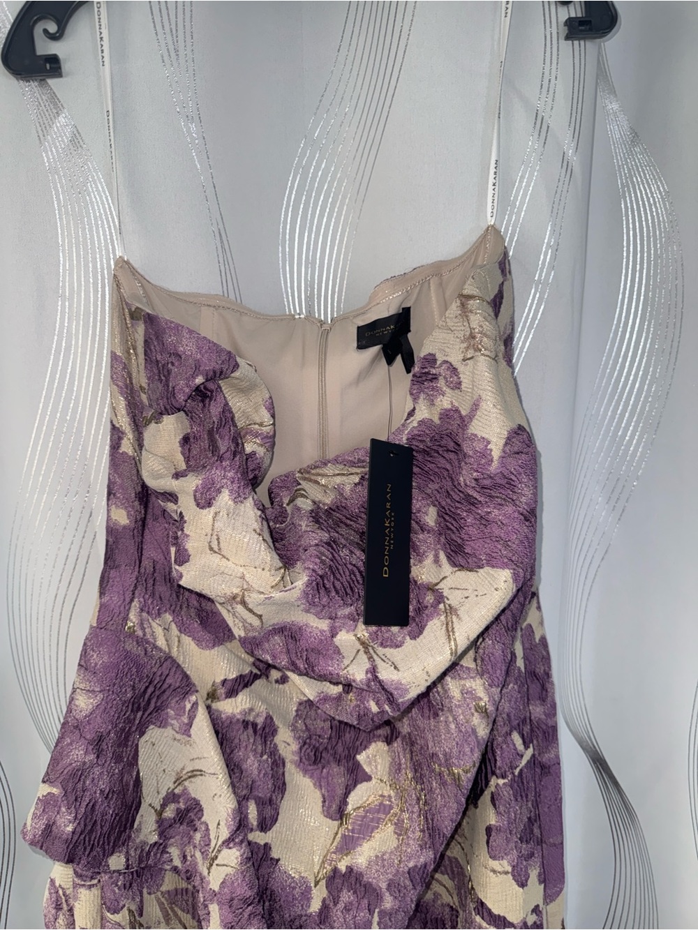 Donna Karan Floral Ruffle Strapless Jacquard Trumpet Gown - Picture 5 of 7